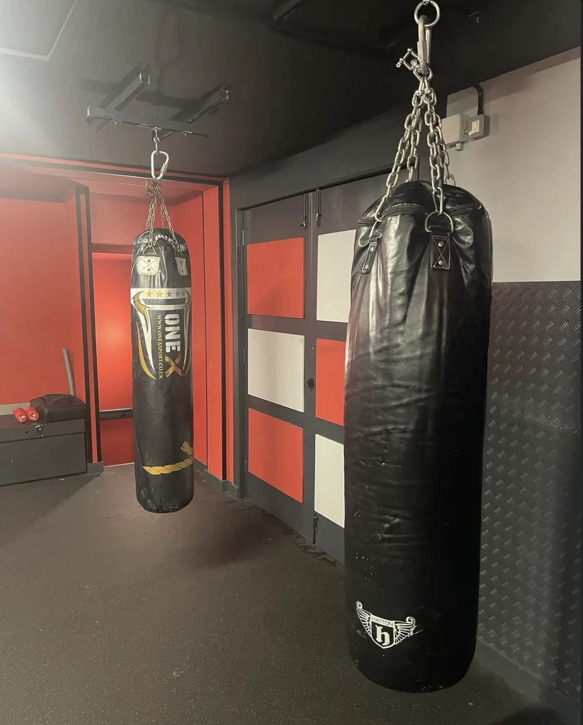 Machine room with red walls and Nautilus equipment